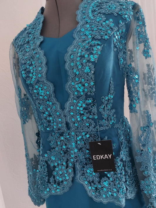 Blue Long Sleeve V-Neck Peplum Pencil Bride Dress