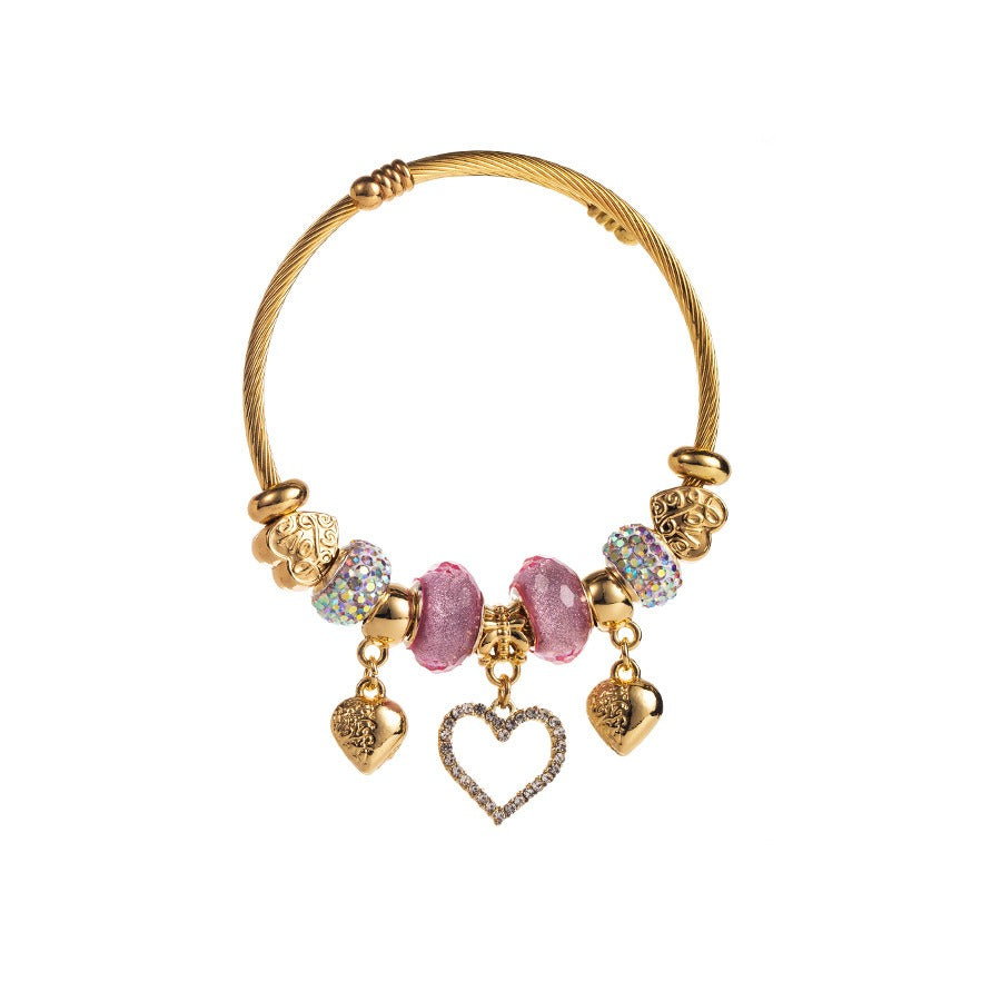 Panjiaduola Stainless Steel Bracelet with Diamond Crystal Bracelet Heart Pendant Opening Adjustable Best Friend Same Style Bracelet