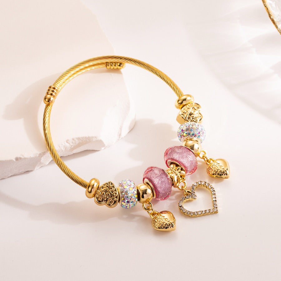 Panjiaduola Stainless Steel Bracelet with Diamond Crystal Bracelet Heart Pendant Opening Adjustable Best Friend Same Style Bracelet