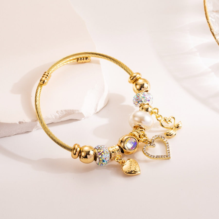 Panjiaduola Stainless Steel Bracelet with Diamond Crystal Bracelet Heart Pendant Opening Adjustable Best Friend Same Style Bracelet