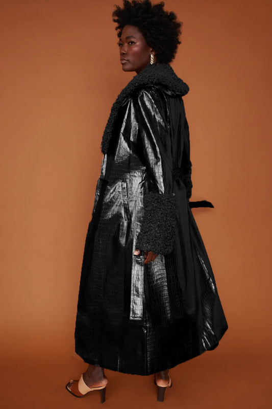 Black Faux Leather Trench Coat with Detachable Faux Mongolian Collar and Cuffs
