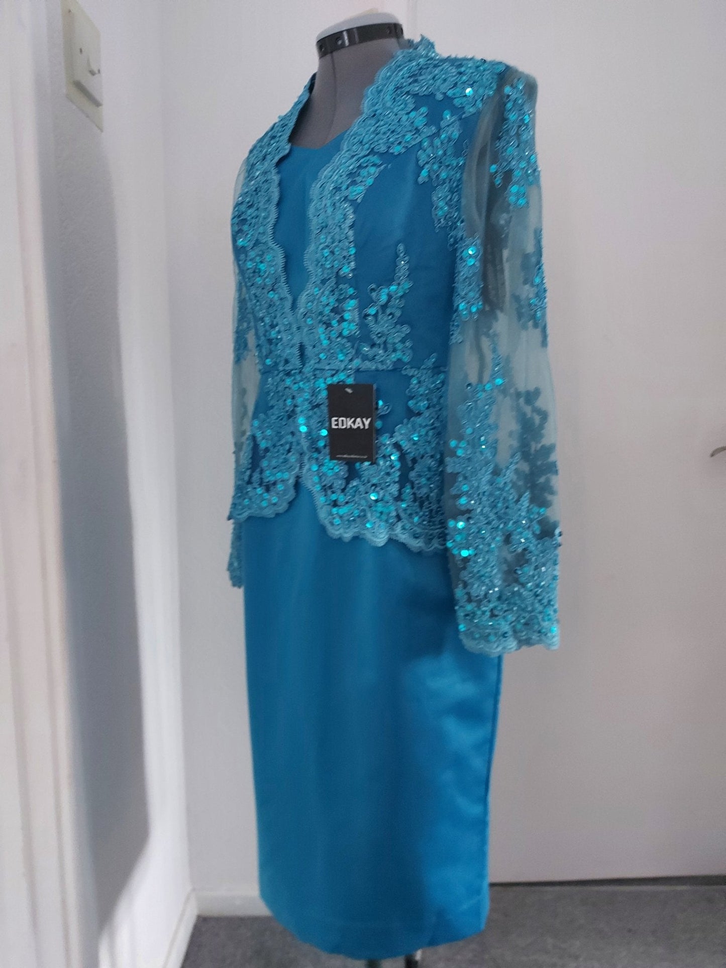 Blue Long Sleeve V-Neck Peplum Pencil Bride Dress