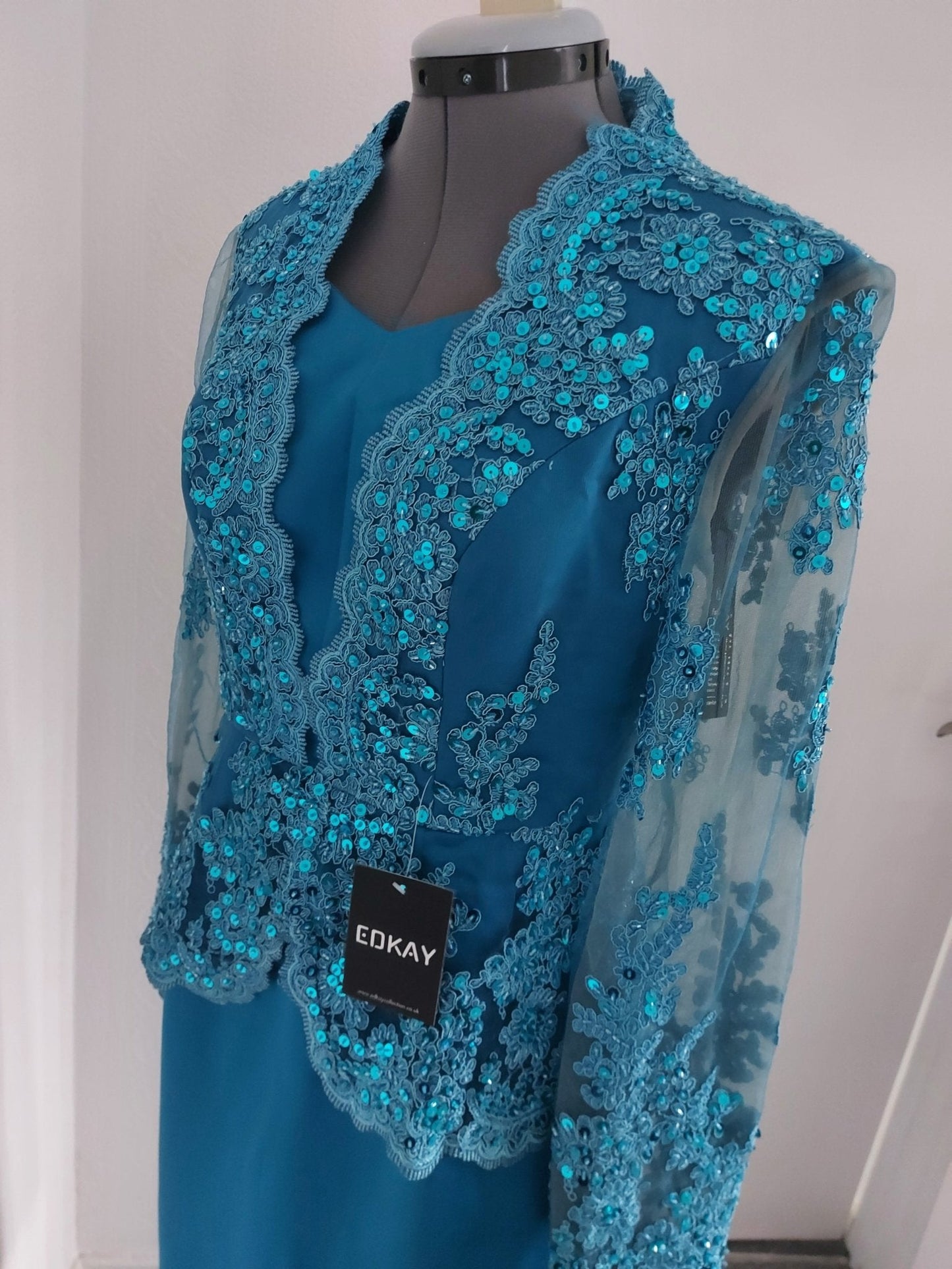 Blue Long Sleeve V-Neck Peplum Pencil Bride Dress