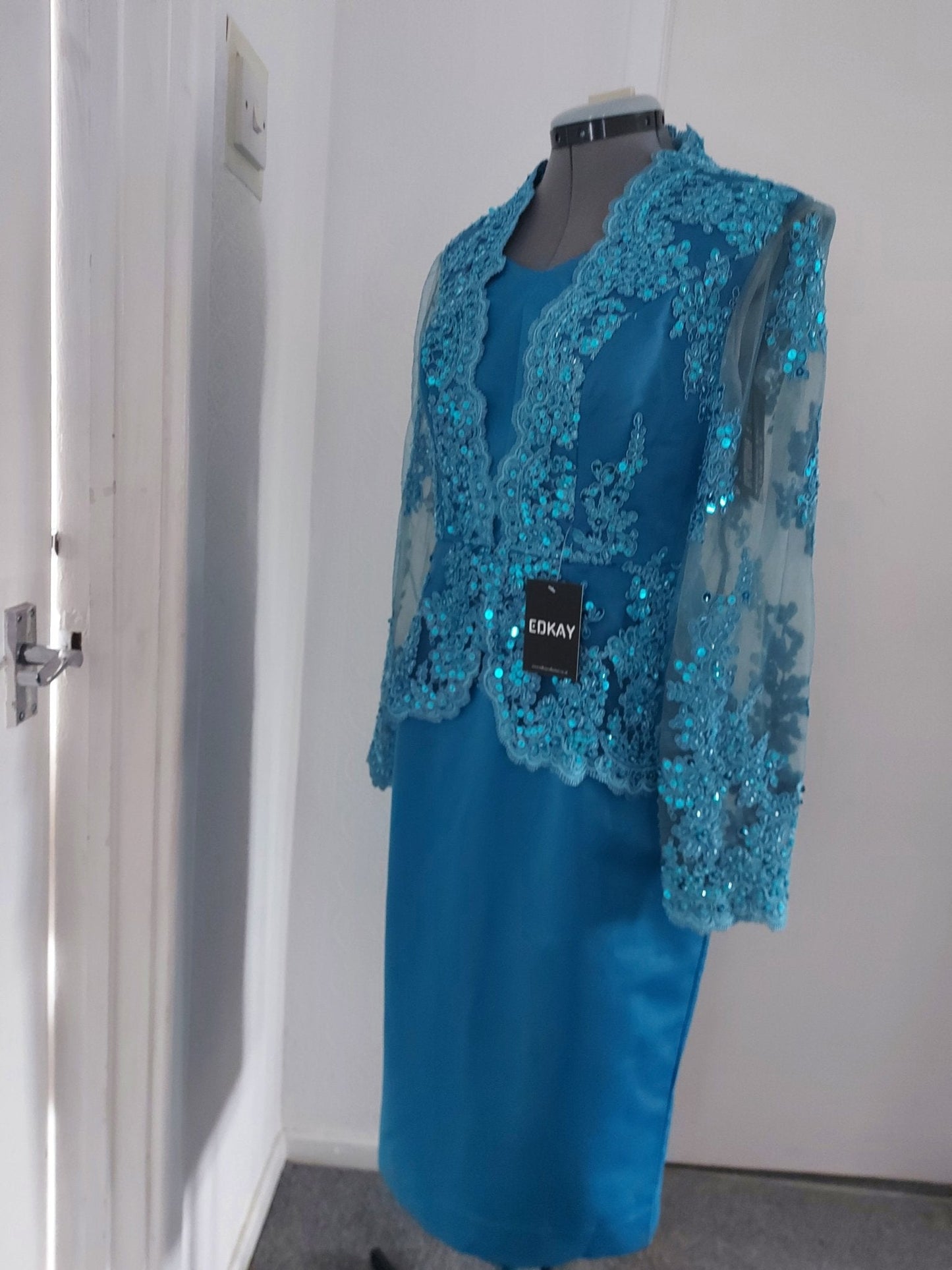 Blue Long Sleeve V-Neck Peplum Pencil Bride Dress